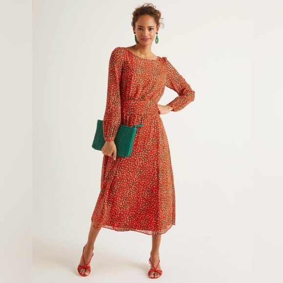 Boden Ingrid Orange Sunset Speckle Long Sleeve Flowy Crew Neck Midi Dress Size 4 - Picture 2 of 10